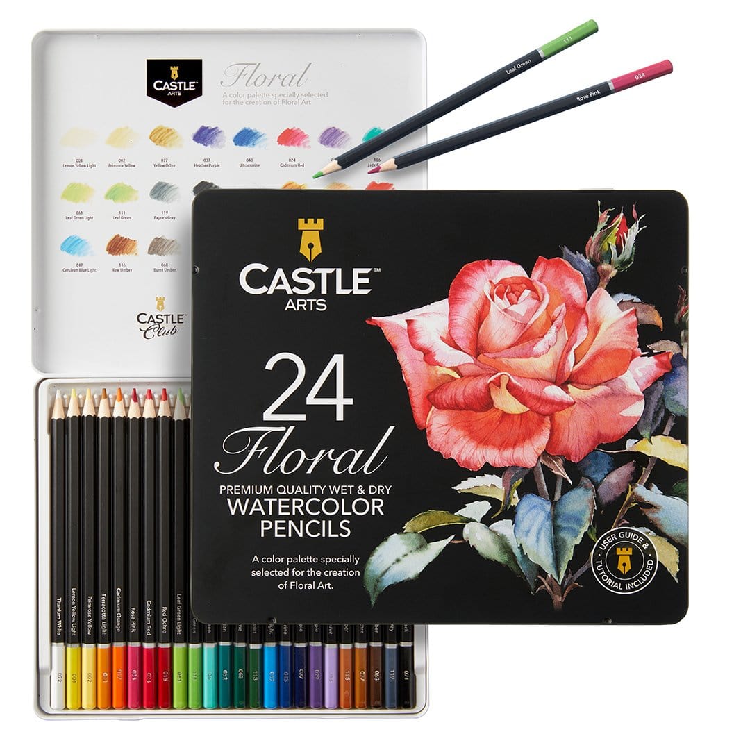 24 Pezzi Set Di Matite Acquerellabili Floreali Botaniche In Latta Espositiva